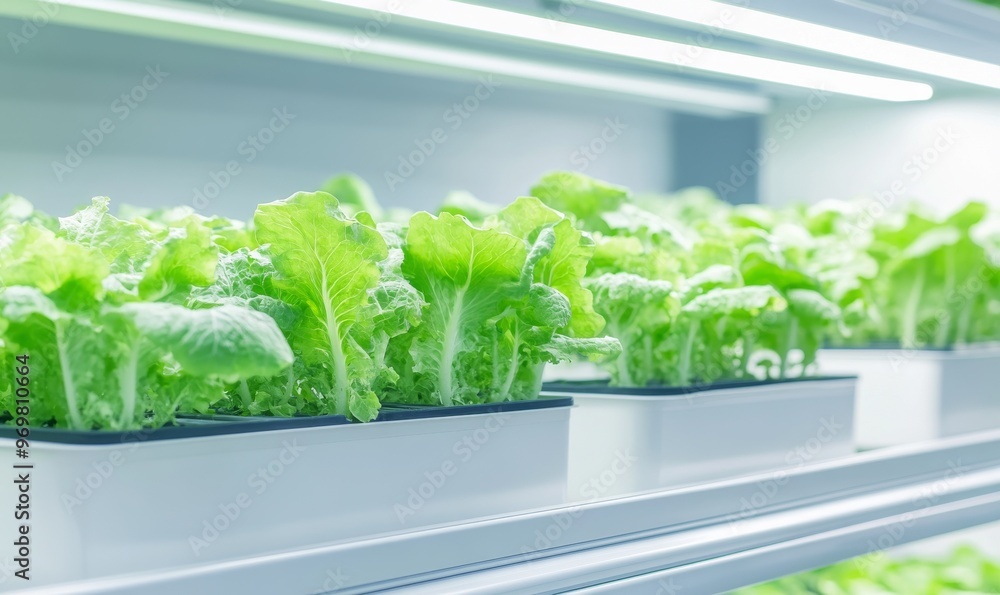 Fresh Greens Growing Indoors in a Hydroponic System Under Bright LED Lights Fresh Greens Growing Indoors in a Hydroponic System Under Bright LED Lights