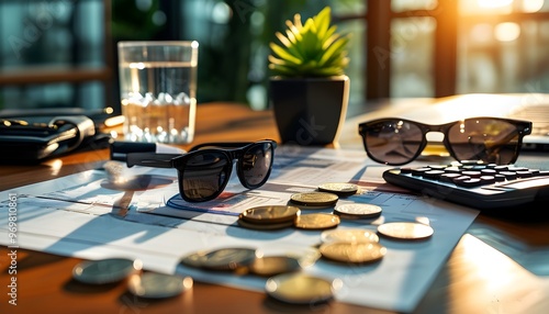 Contemporary workspace highlighting coins, calculator, water glass, and sunglasses, representing finance and productivity photo