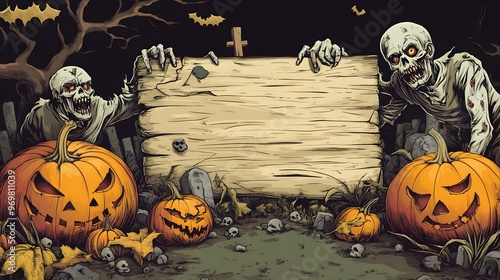 Halloween Card with Pumpkins, Zombies, and Graveyard Scene – Spooky Party Invitation Design