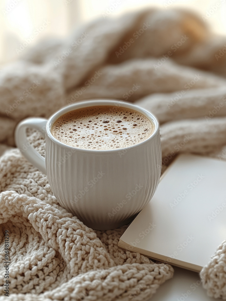 A cup of coffee on a cozy knitted blanket with a notebook. A cup of coffee on a cozy knitted blanket with a notebook.