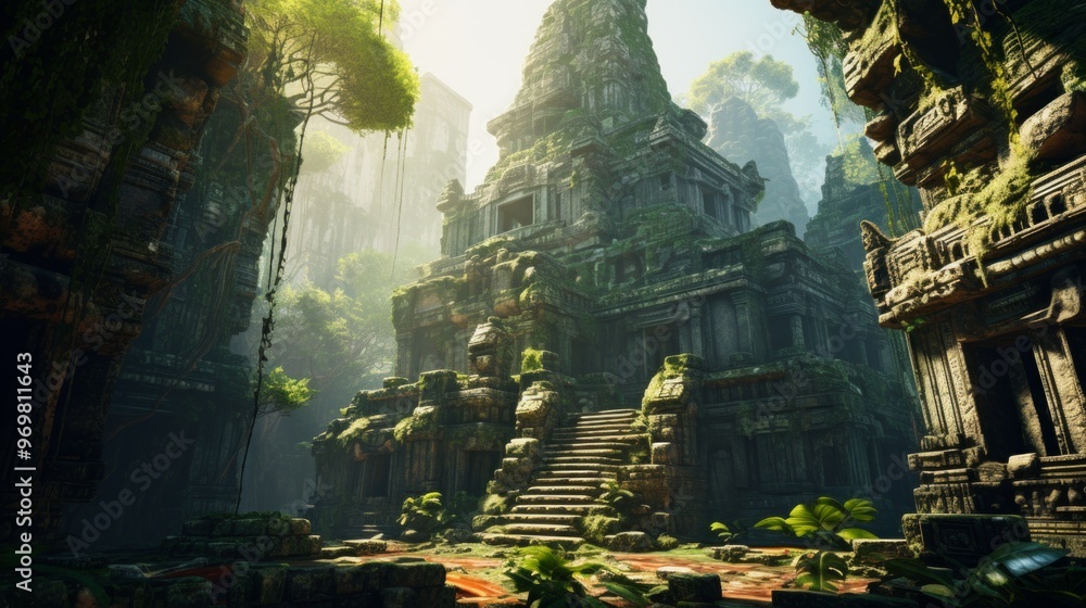 Obraz premium Discover an ancient jungle temple ruin, enveloped by lush greenery, bathed in sunlight, creating a mystical aura.