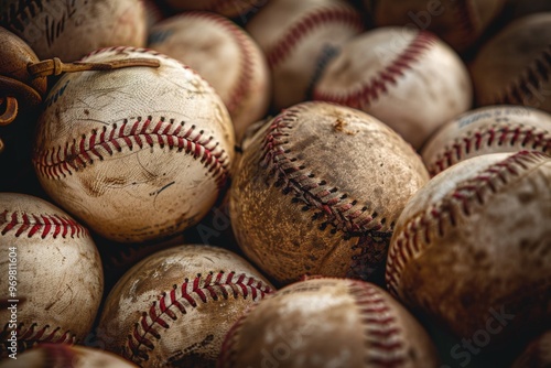 Close-up of a weathered red baseball with visible scratches and stitches, representing the essence of sports and outdoor activities.. Beautiful simple AI generated image photo