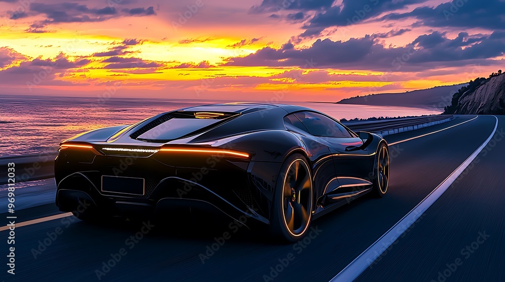 A black sports car races along a coastal road, bathed in the golden light of sunset. A black sports car races along a coastal road, bathed in the golden light of sunset.