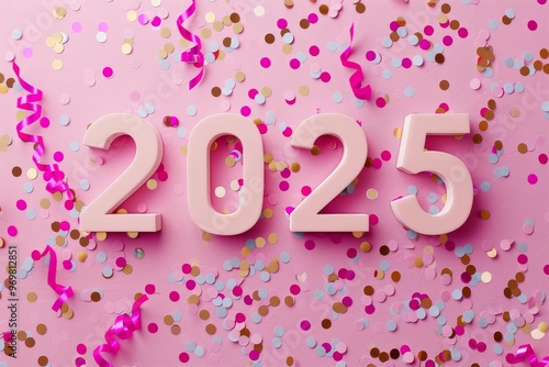 Numbers 2025 on a pink background. Celebrate the New Year with festive decorations and bright confetti. Top view