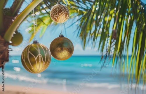 Wallpaper Mural Christmas baubles hanging on a palm tree. Summer Xmas vacations on a tropical island	 Torontodigital.ca
