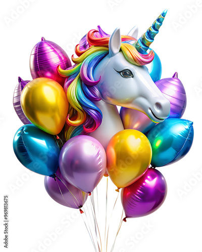 bunch of colorful balloons with a large foil ball in the shape of a unicorn isolated on a white background photo