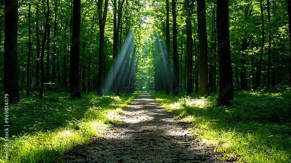 Obraz premium Sunbeams filter through forest trees, casting a golden light on the path below.