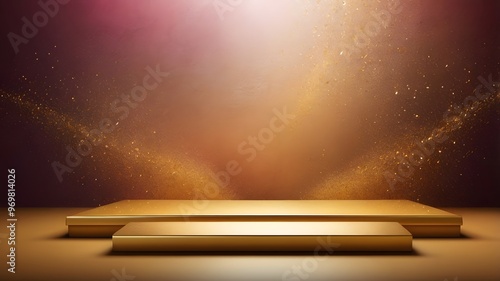 Luxury two gold podiums with spotlight for product presentation, rectangle pedestal stage