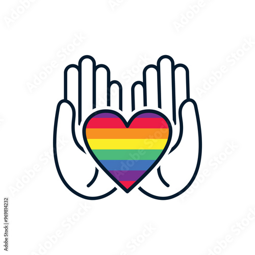 Hands and heart. LGBT support concept. Vector linear icon isolated on white background.
