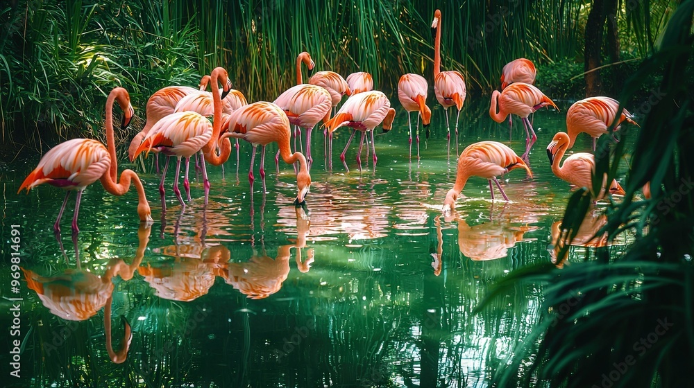 Naklejka premium Pink flamingos in a waterway surrounded by verdant foliage and swaying palms