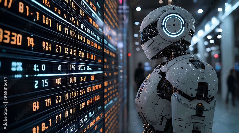A futuristic robot examines a digital display, data flowing in streams of light and numbers. A futuristic robot examines a digital display, data flowing in streams of light and numbers.