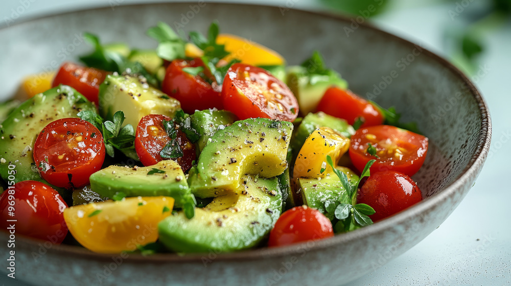 Fresh avocado and cherry tomato salad in a rustic bowl Fresh avocado and cherry tomato salad in a rustic bowl