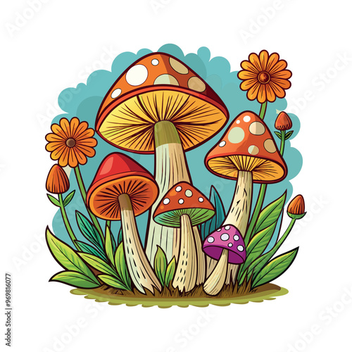 a colorful drawing of a mushroom with flowers Clipart isolated vector illustration