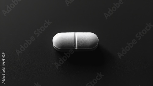 Single White Pill on Black Background - Isolated Medication Capsule Stock Photo