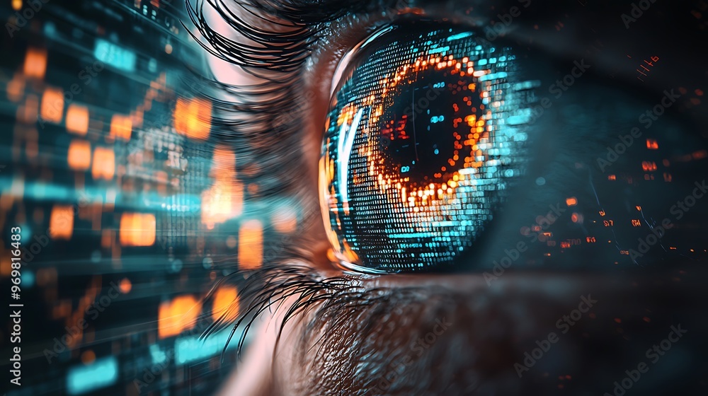 A human eye, filled with binary code, bridges the gap between the physical and digital worlds.