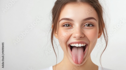 A woman with long hair is smiling and sticking out her tongue