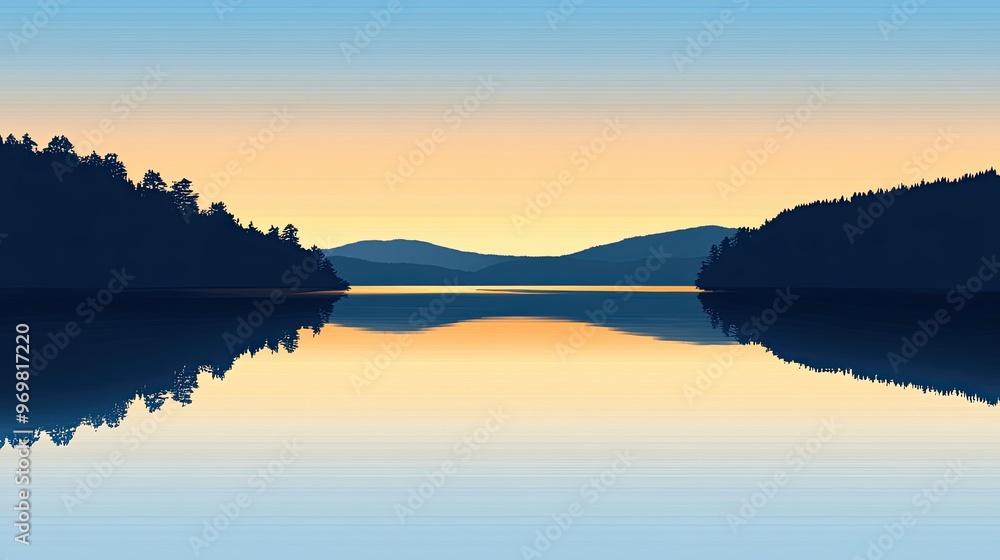 custom made wallpaper toronto digitalTranquil lakeside with still water reflecting a serene dawn sky flat design side view early morning theme water color Complementary Color Scheme