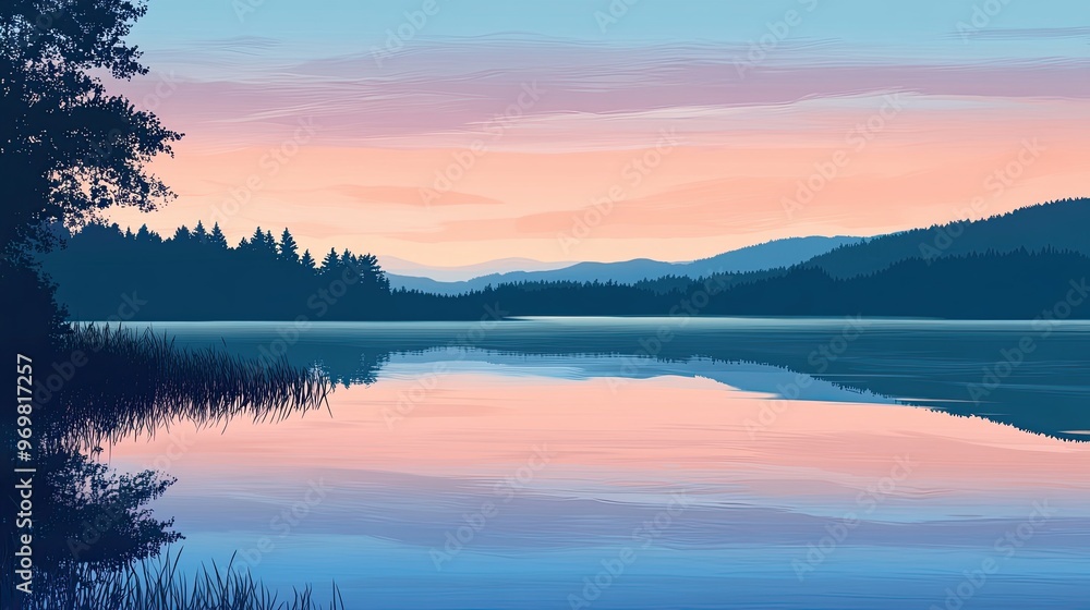 Fototapeta premium Tranquil lakeside with still water reflecting a serene dawn sky flat design side view early morning theme water color Complementary Color Scheme