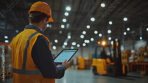 Supervisor Holding Tablet in Busy Warehouse
A large warehouse supervisor uses a tablet to check inventory while forklifts move in the background.