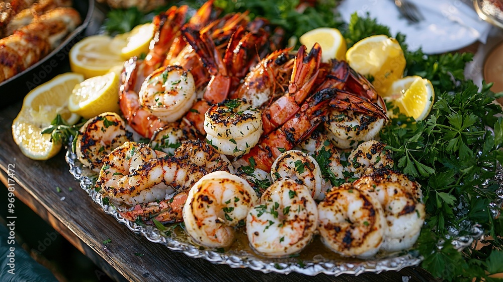 A platter of grilled shrimp with lemon wedges, parsley, and parsley on a table A platter of grilled shrimp with lemon wedges, parsley, and parsley on a table