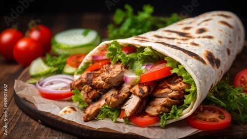 Doner kebab (shawarma or doner filling). Grilled chicken in pita bread with fresh vegetables - tomatoes, green salad, pepper.