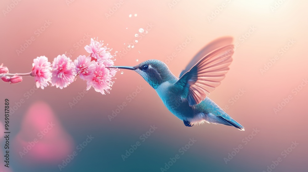 A hummingbird feeding on nectar from a delicate flower, its iridescent feathers shimmering in the sunlight. A hummingbird feeding on nectar from a delicate flower, its iridescent feathers shimmering in the sunlight.