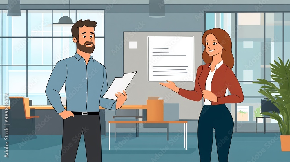 A man and woman stand in an office discussing a document. A man and woman stand in an office discussing a document.