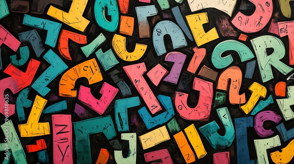 Vibrant, scattered letters on a black background Vibrant, scattered letters on a black background