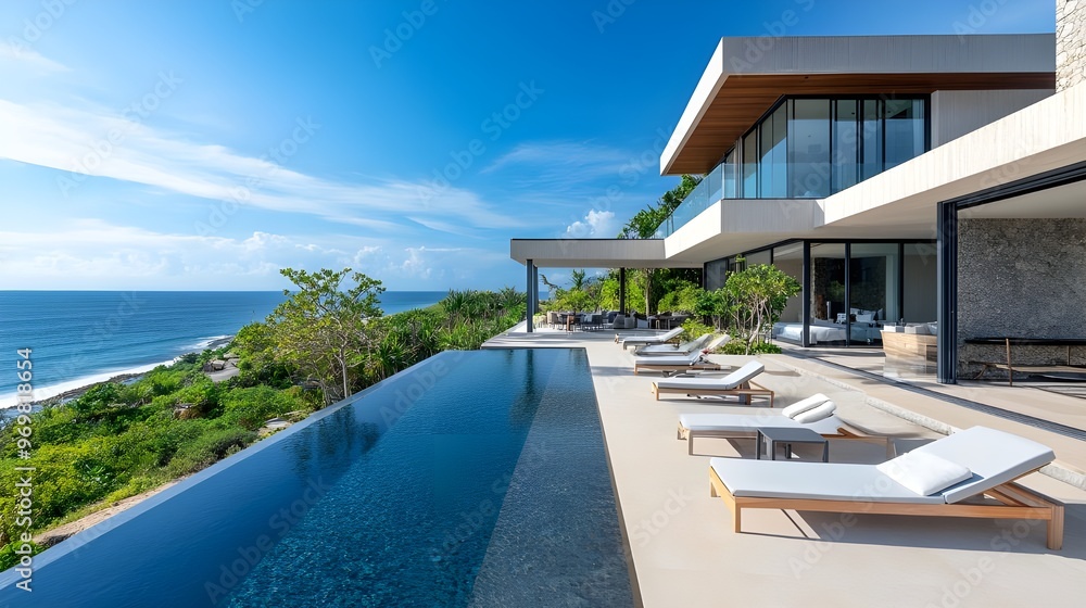 Fototapeta premium An elegant stock photo of a luxurious beachfront resort with infinity pools and sun loungers overlooking the ocean.