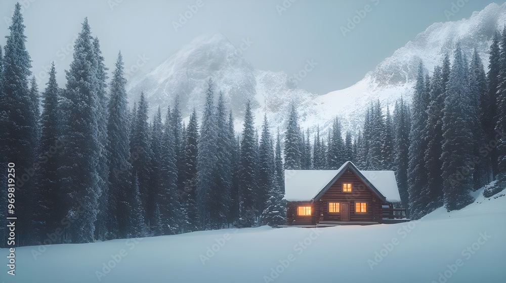 Naklejka premium A serene stock photo of a cozy cabin nestled in a remote mountain range, surrounded by tall pine trees and snow-covered peaks.
