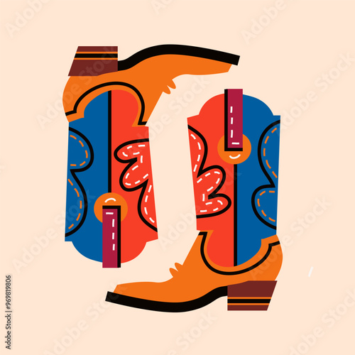 Cowgirl boots with different patterns. Pink hand drawn fashion staple. Cowboy western and Wild West retro vintage   Vector  illustration