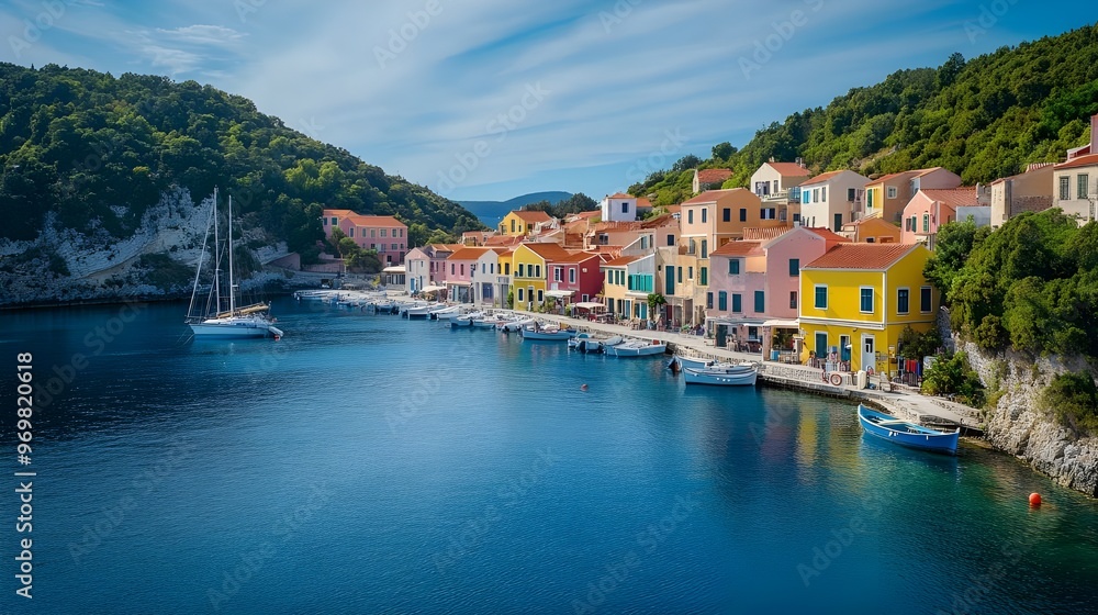 A picturesque stock photo of a quaint coastal village with colorful houses lining the harbor. A picturesque stock photo of a quaint coastal village with colorful houses lining the harbor.