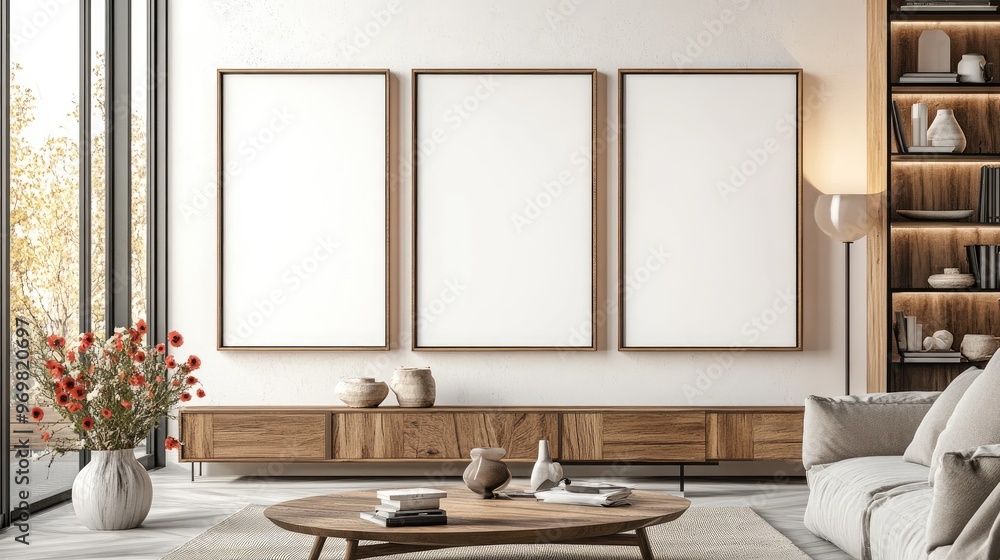 Fototapeta premium Mockup interior design with three empty frames on the wall.