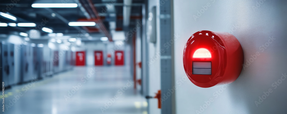 A fire alarm system with red warning lights is prominently displayed in corridor, emphasizing safety and alertness in an industrial setting A fire alarm system with red warning lights is prominently displayed in corridor, emphasizing safety and alertness in an industrial setting