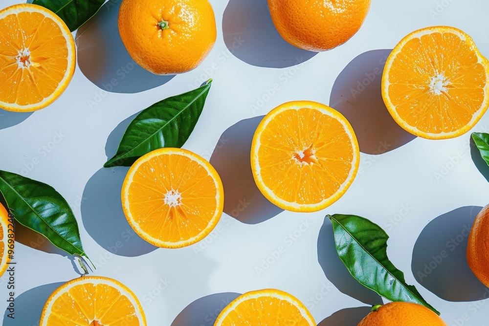 A stack of halved oranges resting atop a green-and-yellow background surrounded by foliage. Beautiful simple AI generated image A stack of halved oranges resting atop a green-and-yellow background surrounded by foliage. Beautiful simple AI generated image