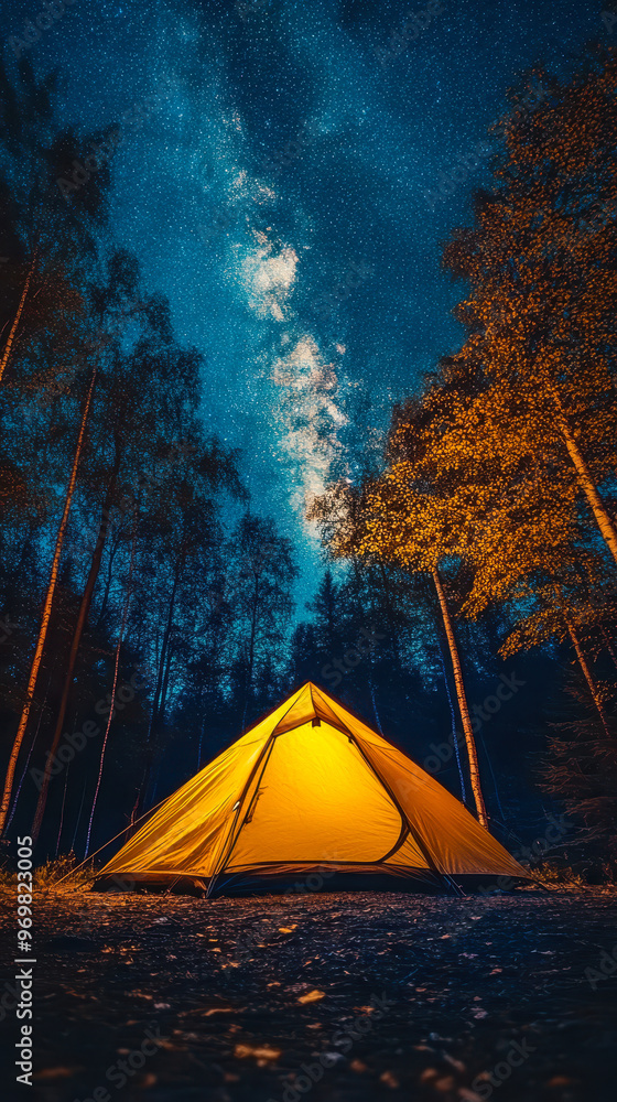 Camping Under the Milky Way: Illuminated Tent in Forest at Night with Starry Sky Camping Under the Milky Way: Illuminated Tent in Forest at Night with Starry Sky