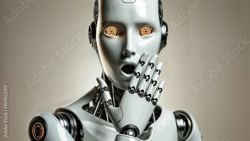 Surprised Robot with Futuristic Expression and Hand Gesture