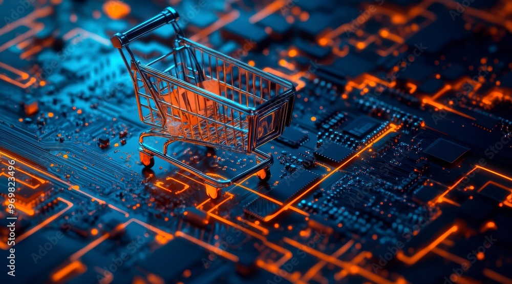 The shopping cart is located on an electronic circuit board. The concept of online shopping The shopping cart is located on an electronic circuit board. The concept of online shopping