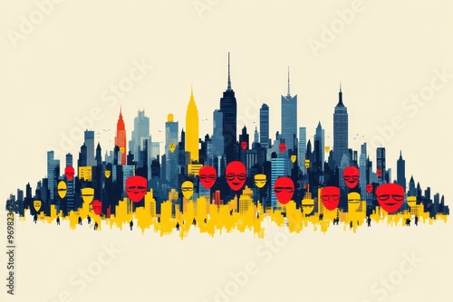 A vibrant illustration of a city skyline where the buildings morph into anonymous masks representing urban anonymity. photo