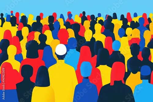 An animated depiction of a faceless crowd in a digital marketplace with vibrant colors representing anonymity. photo