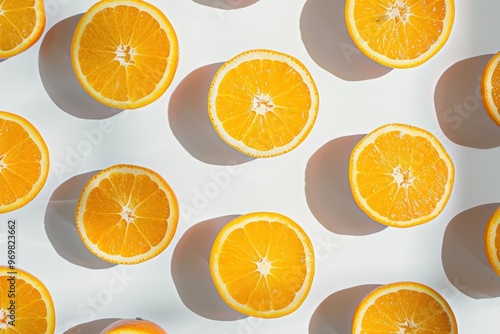 Vibrant close-up of fresh sliced orange on a crisp white background - juicy and refreshing.. Beautiful simple AI generated image