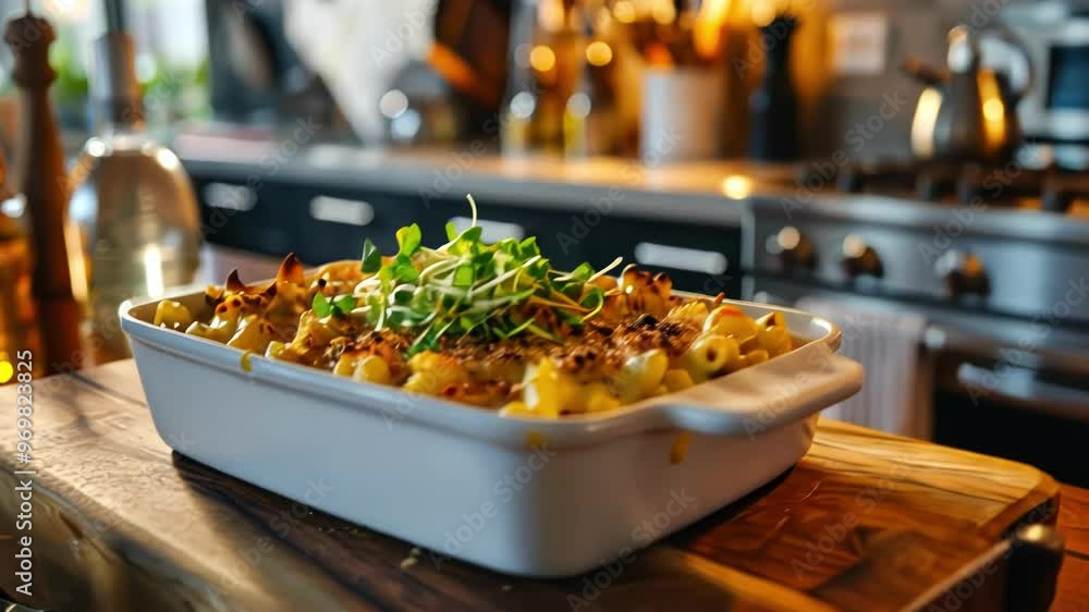 An inviting close up of a baked macaroni and cheese dish garnished with herbs, highlighting a cozy kitchen atmosphere An inviting close up of a baked macaroni and cheese dish garnished with herbs, highlighting a cozy kitchen atmosphere