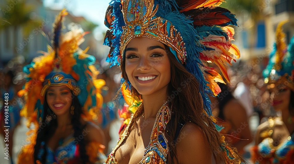 A woman with vibrant headgear beams at the lens while standing among other females A woman with vibrant headgear beams at the lens while standing among other females
