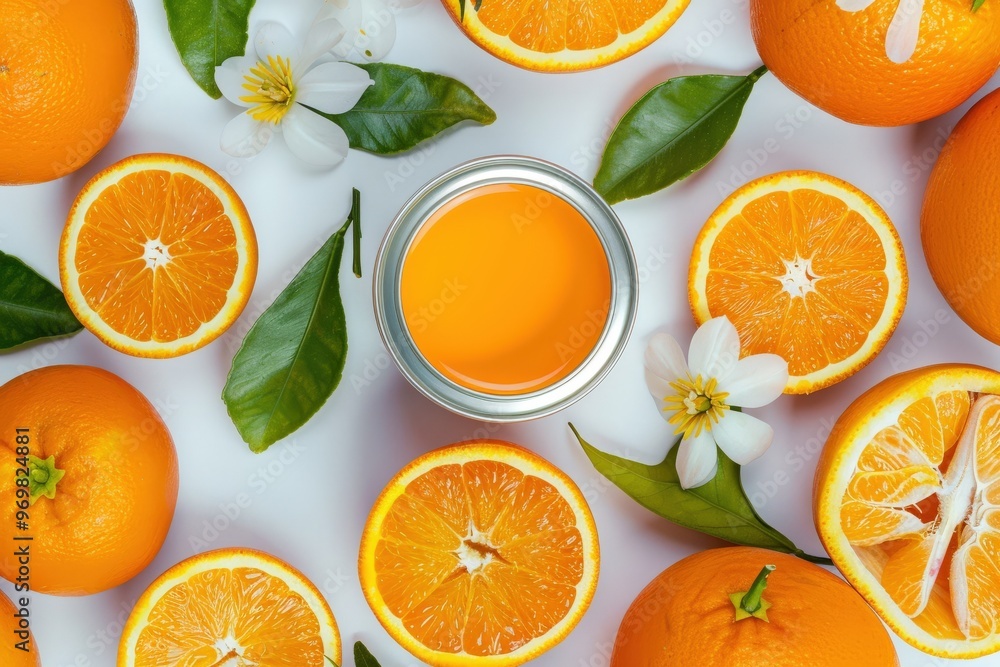   A stack of halved oranges resting atop a green-and-yellow background surrounded by foliage. Beautiful simple AI generated image