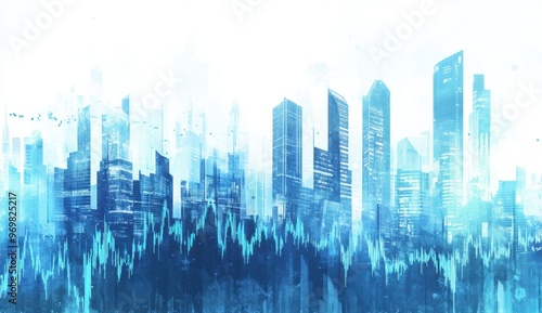 A stock market chart is trending upward, with buildings in the background and a blue color theme against a white sky Generative AI