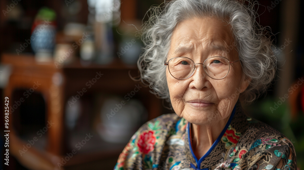 portrait of a kindly 50 year old Chinese grandmother with glasses sitting in front of a table portrait of a kindly 50 year old Chinese grandmother with glasses sitting in front of a table