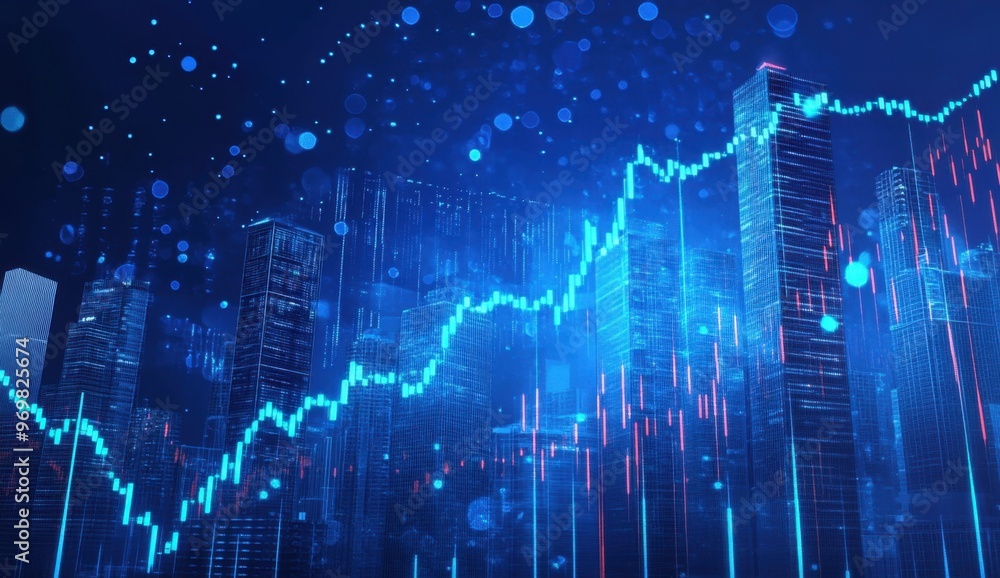 Stock market graph going up on a blue background with skyscrapers in the foreground Generative AI Stock market graph going up on a blue background with skyscrapers in the foreground Generative AI