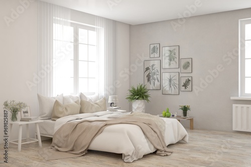 White bedroom concept. Scandinavian interior design. 3D illustration