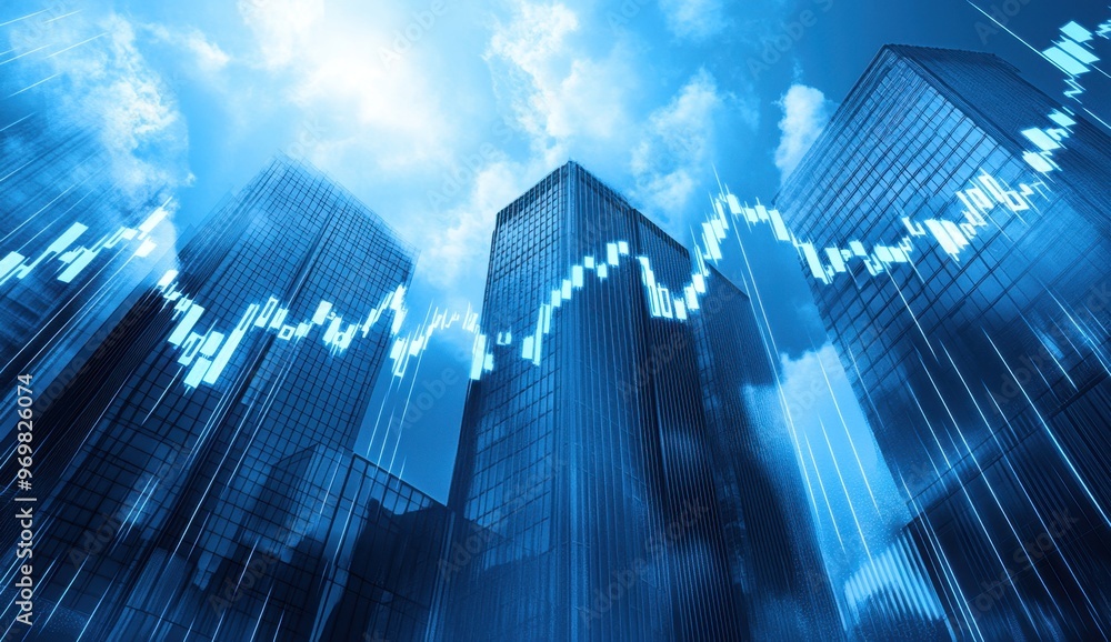 A stock market chart showing an upward trend, with buildings in the background, a blue color theme, and the sky and clouds in view Generative AI A stock market chart showing an upward trend, with buildings in the background, a blue color theme, and the sky and clouds in view Generative AI
