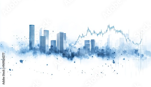 Wallpaper Mural A stock market chart showing an upward trend, with buildings in the background and a blue color theme against a white sky Generative AI Torontodigital.ca
